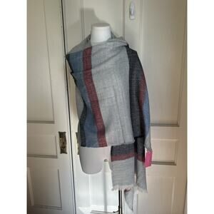 Isaac Mizrahi Color Block Herringbone Fringe Wrap Womens Gray Black Red NWT